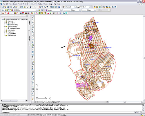 The whole digital parcel map of Tacurong City. All parcel boundaries were generated utilizing the city's scanned map and the customized tools of Amellar GIS.